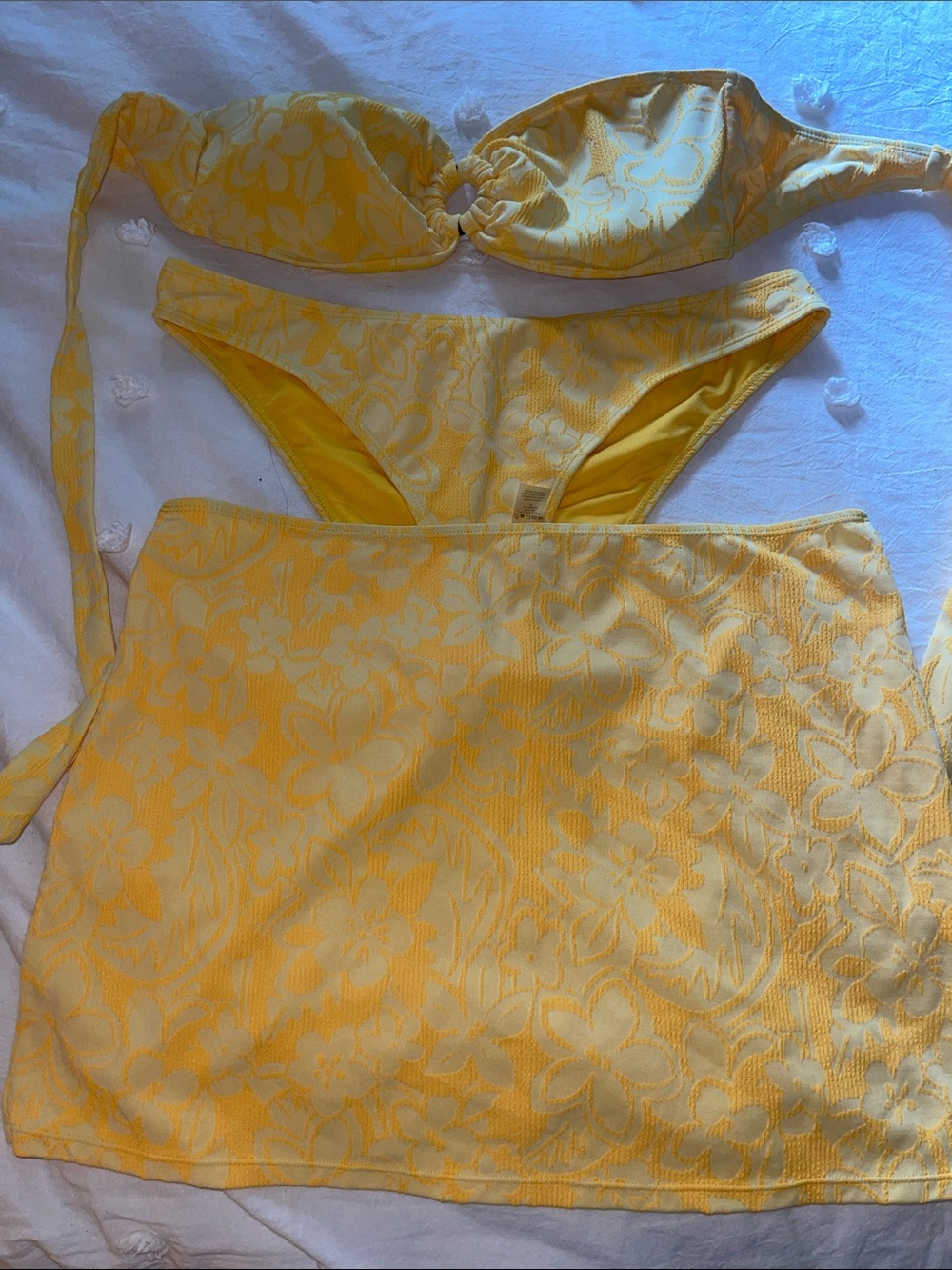 Yellow Floral Textured Bikini Set with Skirt